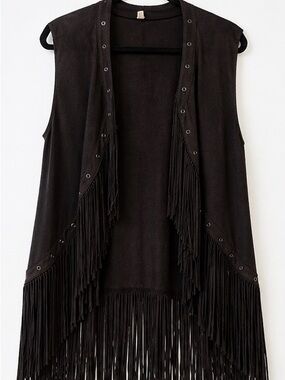 Black Fringe Suede-Look Sleeveless Vest